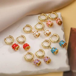 HECHENG,18K Golden Plated Enamel Drip Oil Heart Shape Openwork Design Bell Dangling Earrings Bohemian Resort Style Jewellery 
