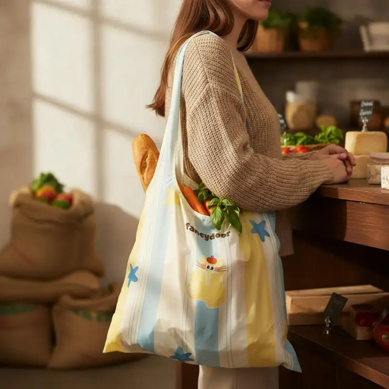 Lightweight Foldable Shopping Bag Cartoon Cat Striped Print Eco-Friendly Tote for Daily Grocery Travel Camping Picnic