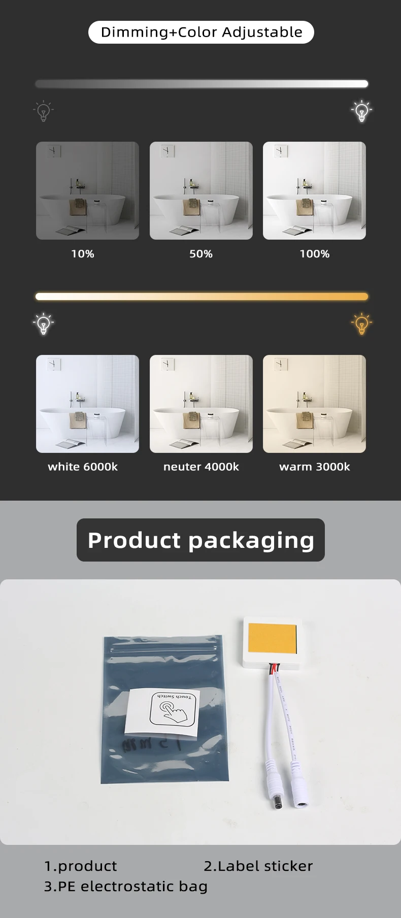 Ultradünner, durch Holz, Marmor, Keramik dringender, berührungsempfindlicher Schalter 12V 5A 60W LED-Touch-Sensor mit stufenloser Dimmfunktion – Detail 5