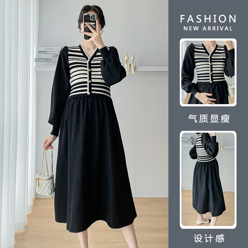 

6886# 2024 Autumn Winter New Fashion Patchwork Maternity Long Dress Elegant A Line Slim Clothes For Pregnant Women Pregnancy