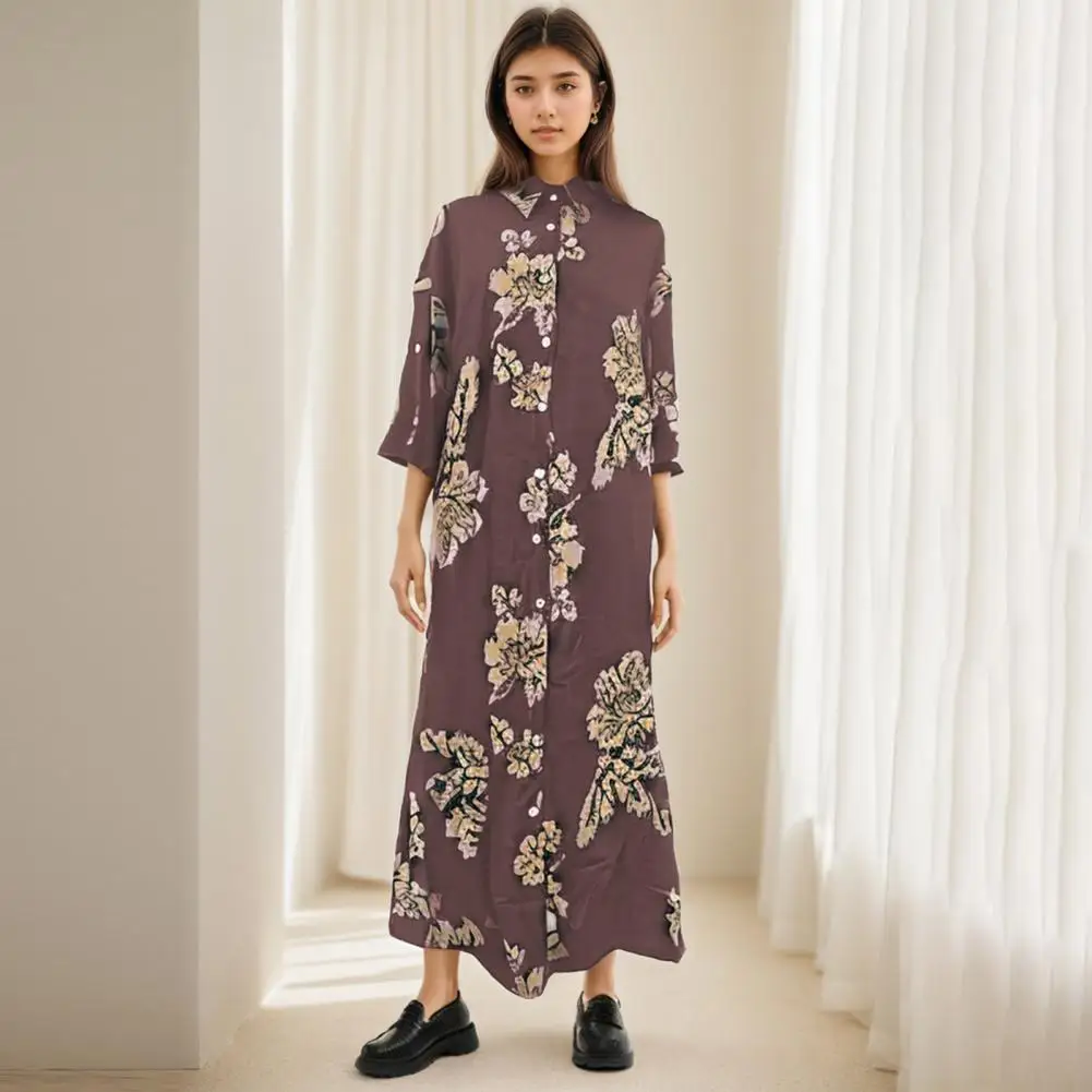 Lady Maxi Dress Women Printed Dress Floral Print Maxi Dress with Cardigan Side Pockets for Women Elegant Fall Spring Shirt Type