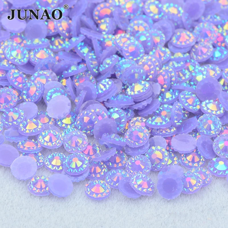 JUNAO 4 5 6mm Viola AB Fiore rotondo Strass Adesivi Flatback Cabochon in resina Gemme Nail Art Pietra di cristallo Non cucito Strass