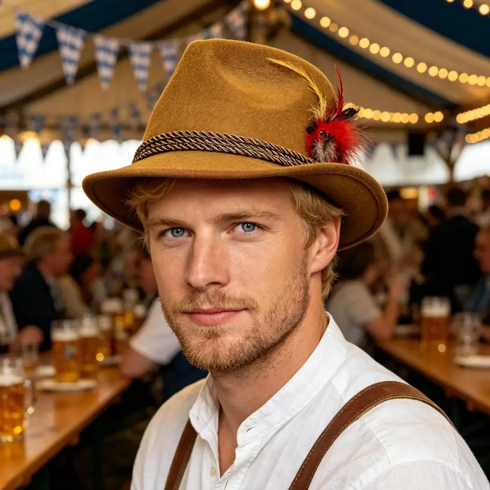 Non Woven Fabric Hat Fedora Hat with Feather Accent Short Brim Vintage Hat Oktoberfest Costume Accessory for Halloween Role Play