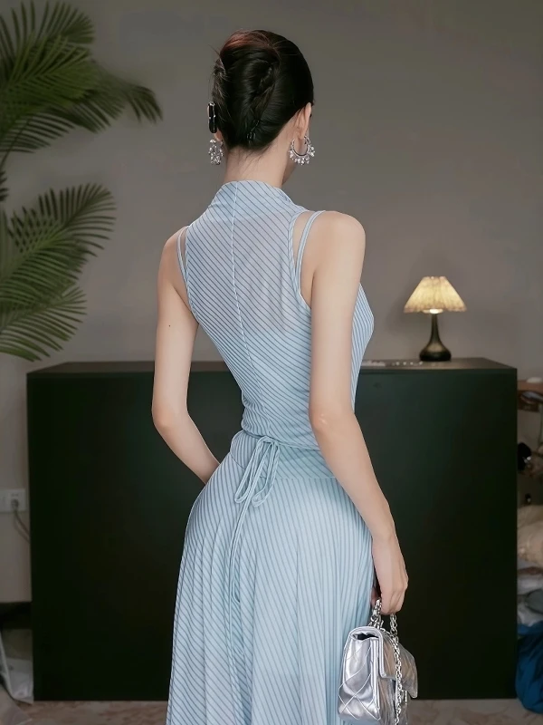 Instunning Blue Striped Ne Hanging Svel Long Dr Women's New Sle Classy Vest Dr French Sle Waist Cinched Sum...