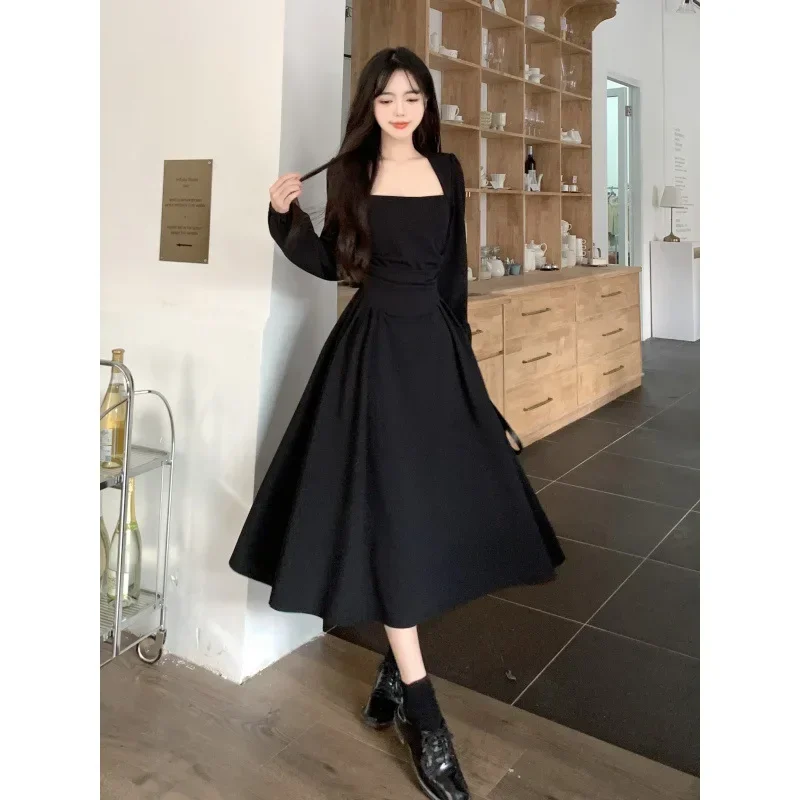 Vintage Casual A-Line Midi Party Dresses Women Autumn Elegant Solid Evening Club Long Dress Female Fashion Chic Vestidos Robe