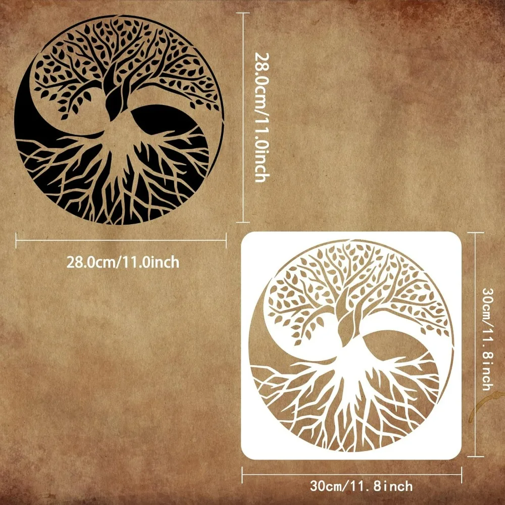 Tree of Life Pattern Stencils 11.8x11.8 inch, DIY Craft Template Square Reusable PET Yin Yang Tree Drawing Stencils for