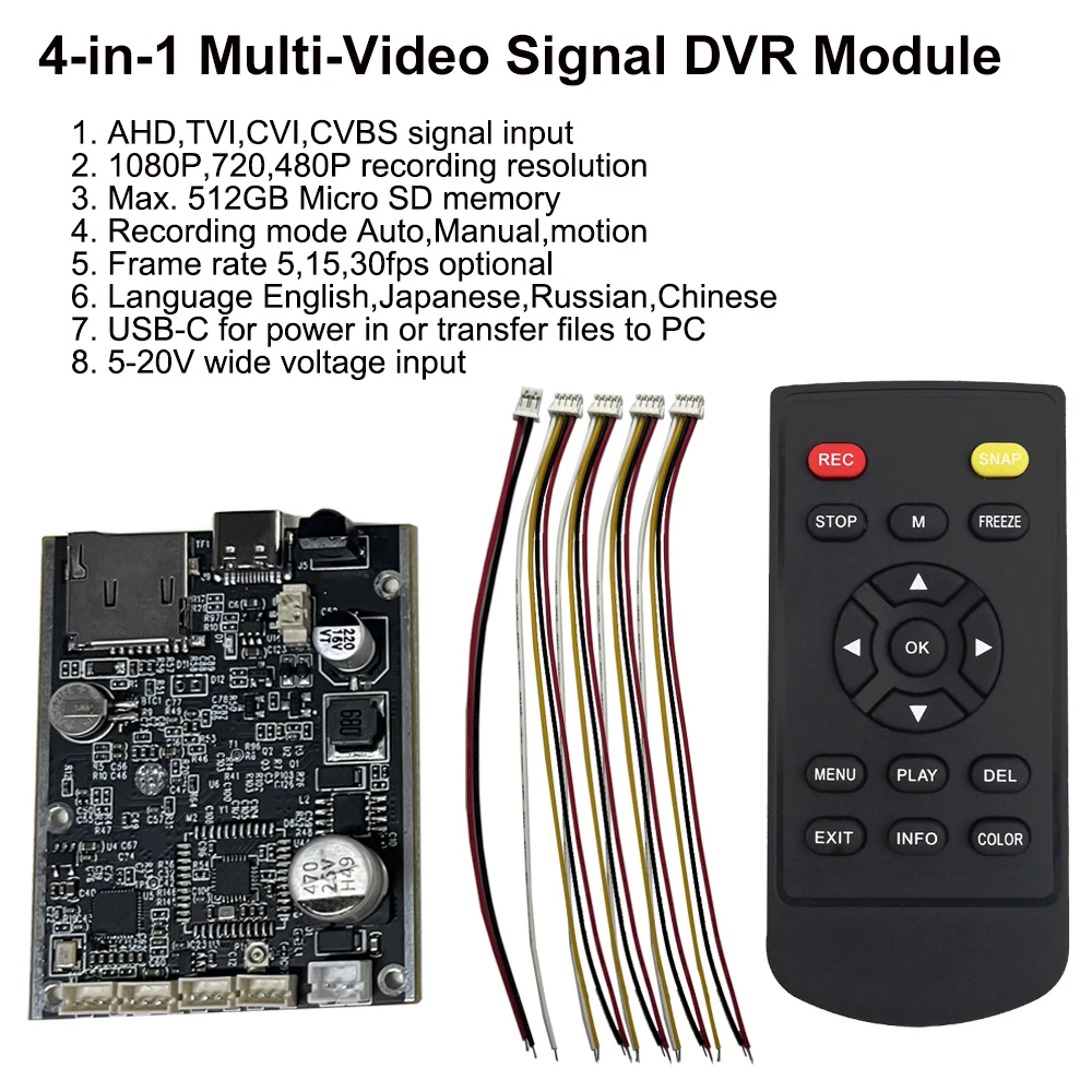 

4-in-1 Multi-Video Signal DVR Module AHD /TVI/CVI/CVBS signal input with Max. 512GB Micro SD Card and Recording mode Auto