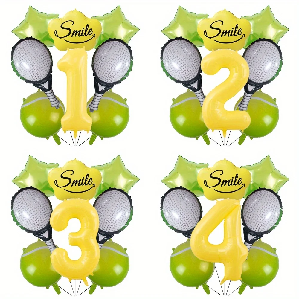 8-teiliges Tennis Lächelnde Wolke Schläger Folienballon-Set 40 Zoll Gelbe Zahlen 1-9 Ballon Sport-Themen Geburtstagsparty Dekorationen