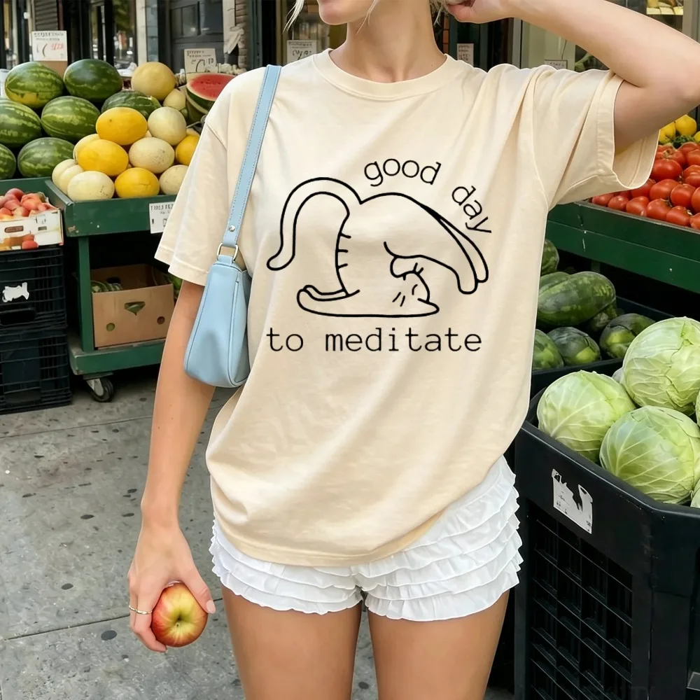 Minimalist Line Art Cat Graphic Print Tee Women Good Day To Meditate Graphic Tee Casual Short Sleeve Round Neck Loose Funny Tee