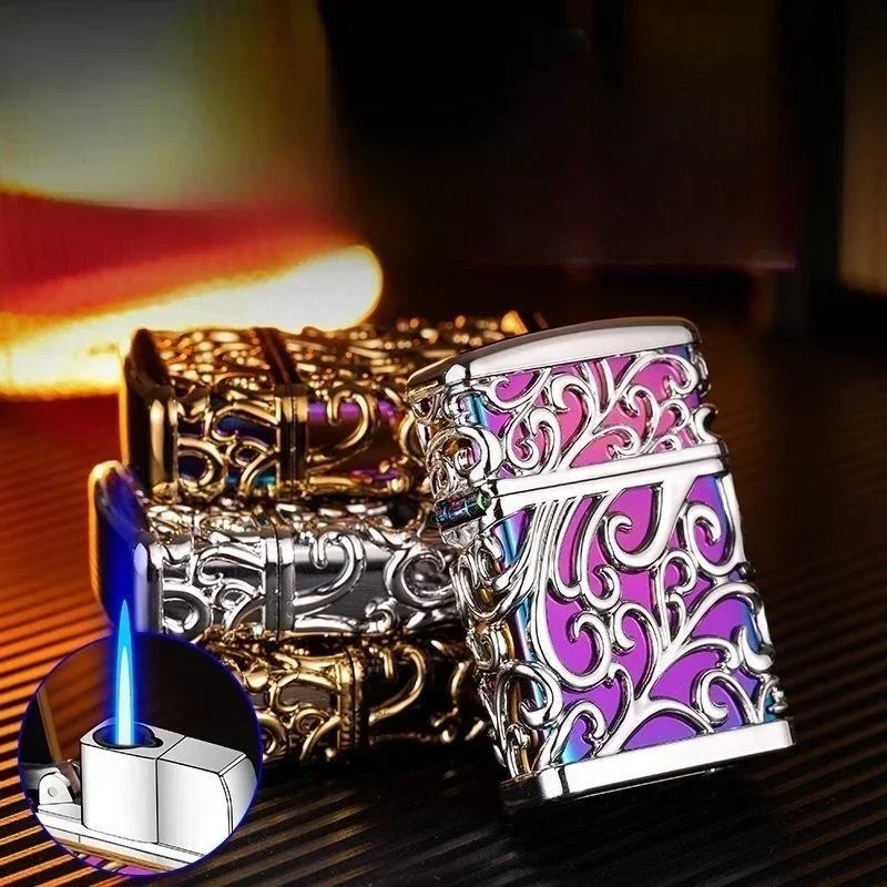 Hot Selling 3D Tang Grass Luminous Lighter Metal Windproof Blue Flame Turbo Torch Inflatable Butane Gas Lighter Outdoor Lighter