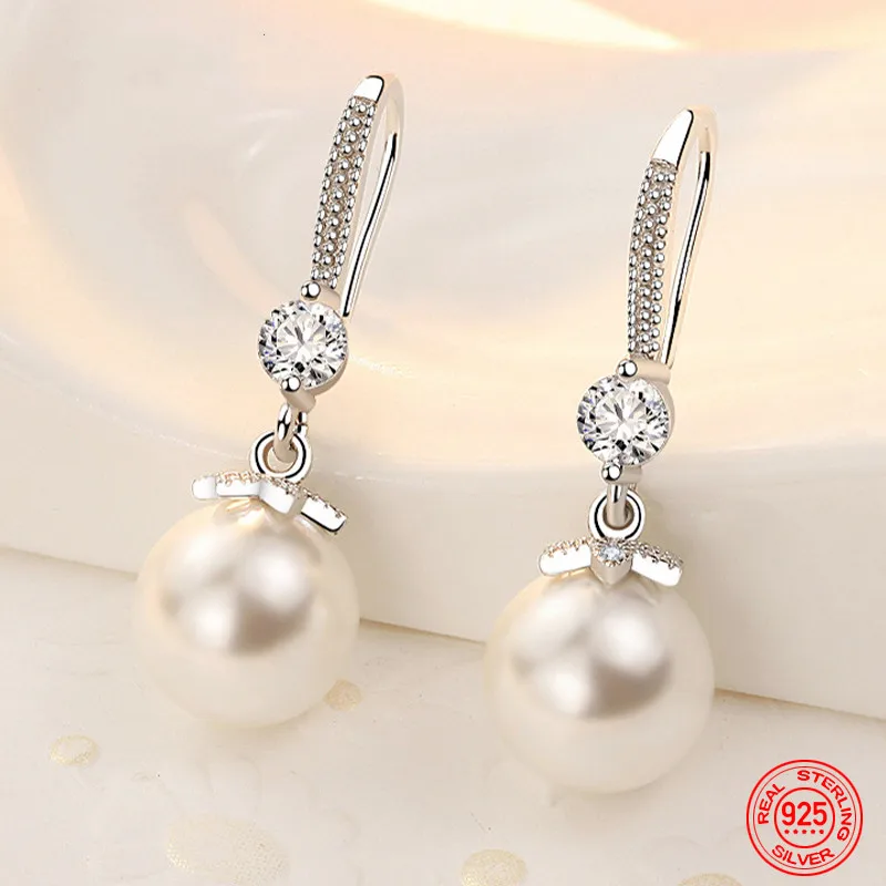 925 Sterling Silver Long Pearl CZ Dangle Earrings For Women Engagement Wedding Graceful Accessories Fashion Earring Gift