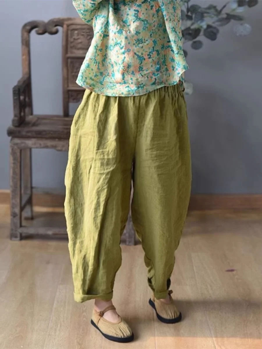 กางเกงฮาเร็มเอวยางยืดผ้าป่านสไตล์เรโทรสำหรับผู้หญิงไซส์ใหญ่ ทรงหลวม ปกปิดหุ่น สไตล์ลำลอง ผ้าลินิน กางเกงทรงแครอทเก้าส่วน สำหรับฤดูใบไม้ร่วง