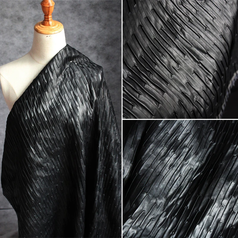 50x140cm Black Pleated Faux Leather Fabric for DIY Sewing Jacket Designer Fashion Creative Fabrics Wholesale Cloth Material