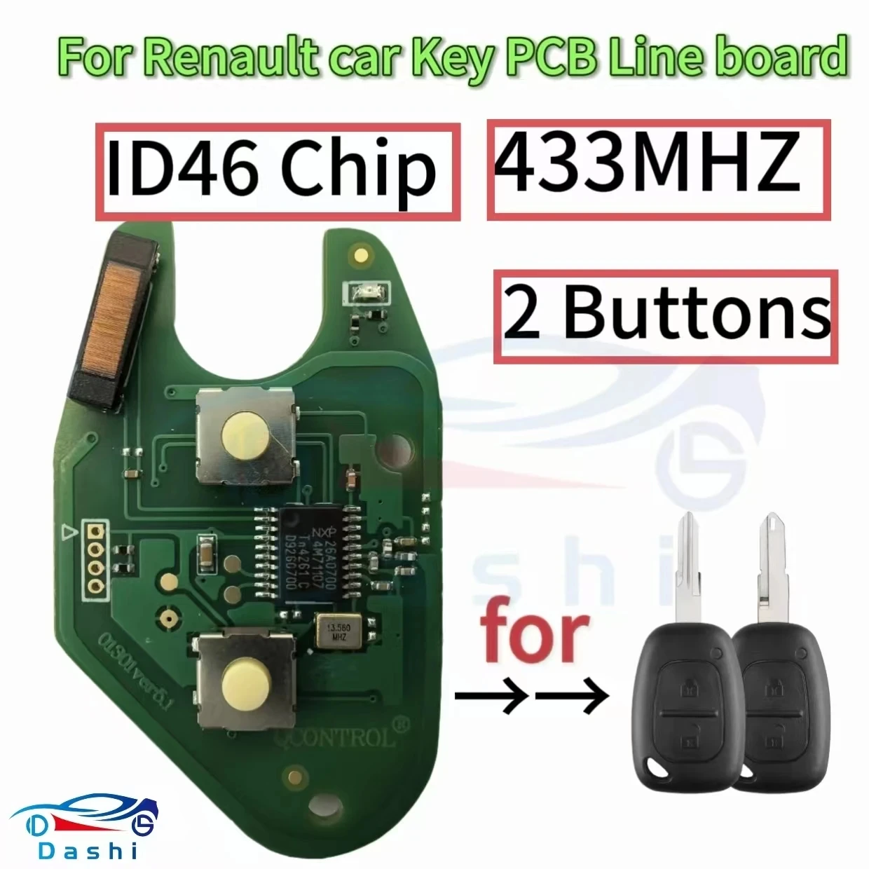 

Автомобильный ключ Dashi, печатная плата, 2 кнопки, 433 МГц, ID46, чип, печатная плата для Renault Traffic Master Vivaro Movano Kangoo, дистанционный брелок