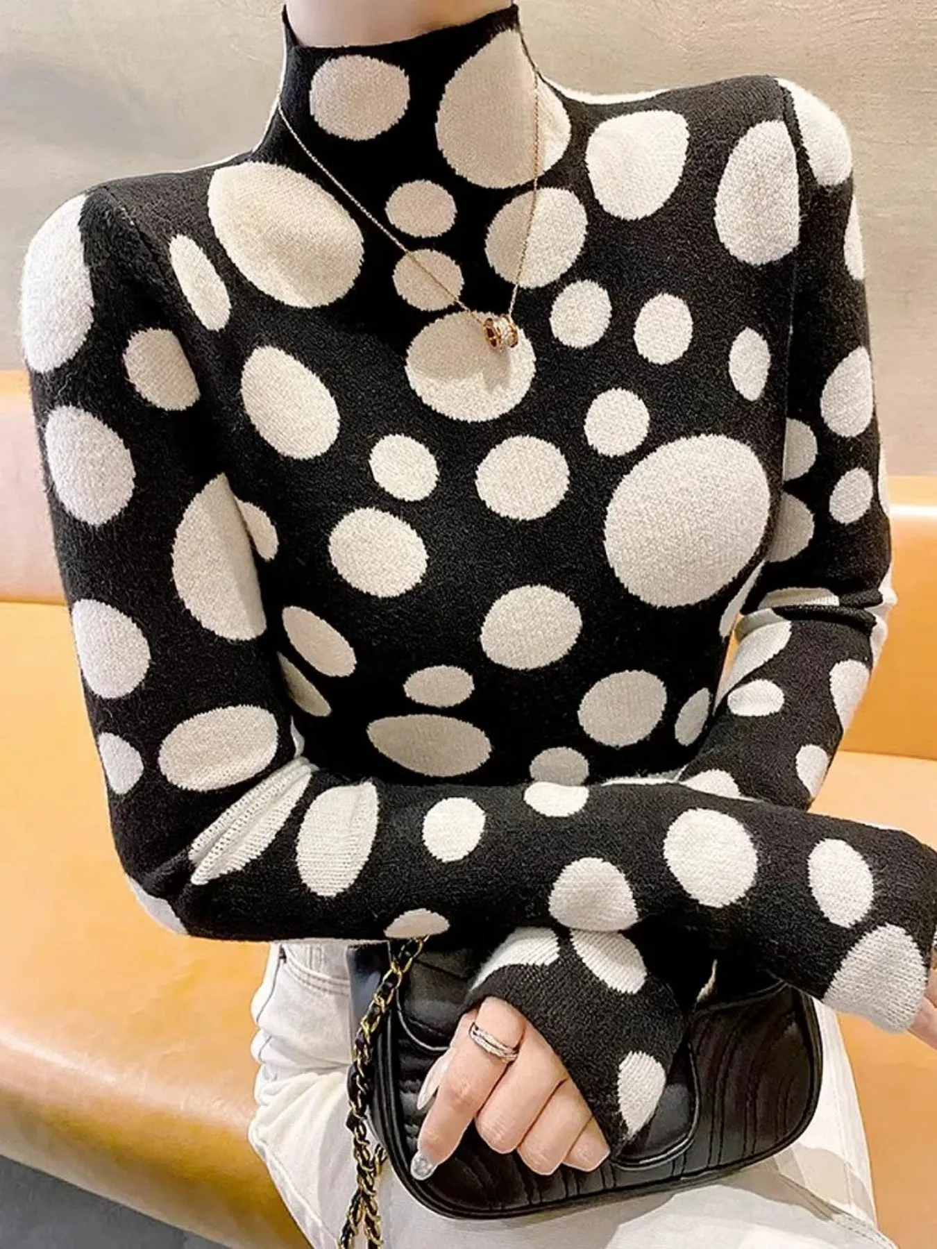 Suéter de Punto con Puntos Blancos y Negros para Mujer, Cuello Alto, Manga Larga, Corte Ajustado, Informal, para Uso Diario, Otoño-Invierno 2026
