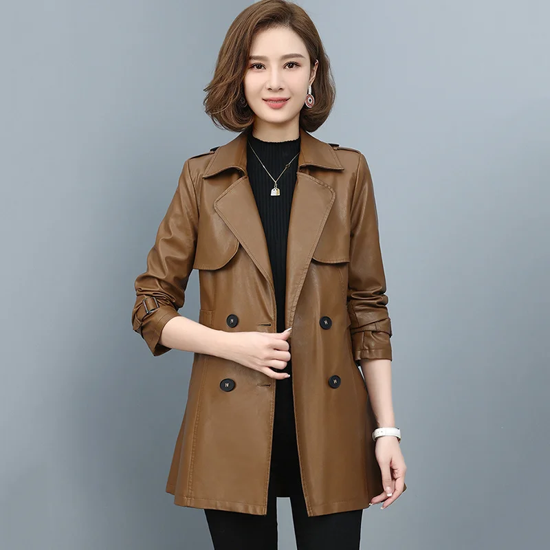 Women Sheep Leather New Trench Coat Spring Autumn 2023 Fashion Design Double Breasted Solid Slim Sheepskin Leather Blazer Tops