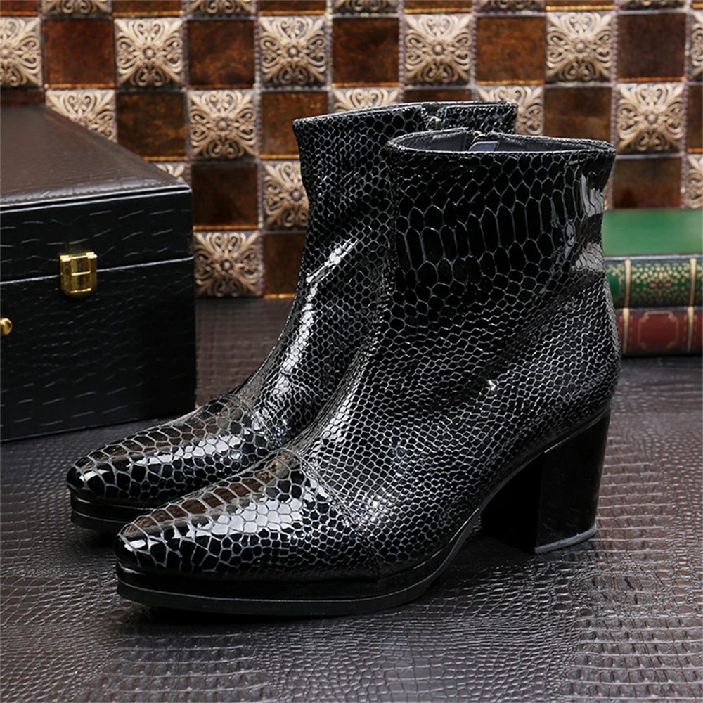 

Black Patent Leather Thick High Heels Pointed Toe Zipper Boots Male Plus Size Party British Style Business For Men Dress Shoes