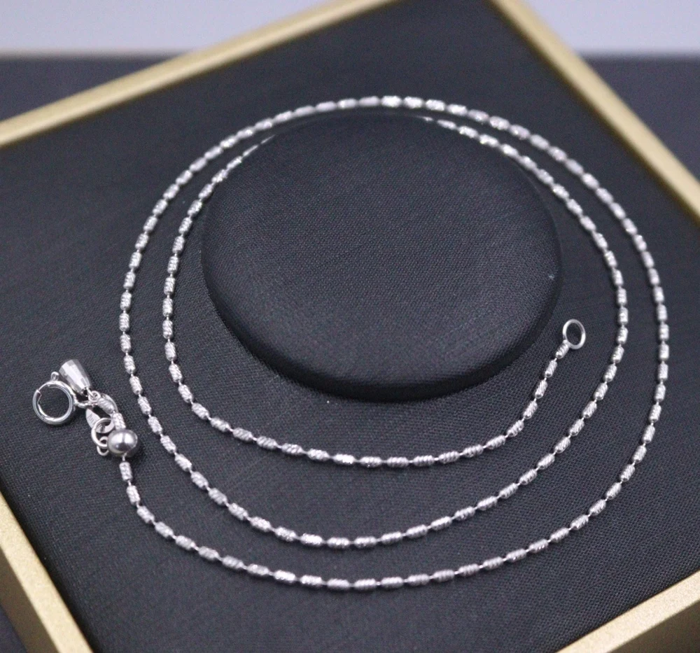 

Real Pure 18K White Gold Chain Women Lucky 1mm Carved Long Beads Link Necklace 2.9-3g/45cm