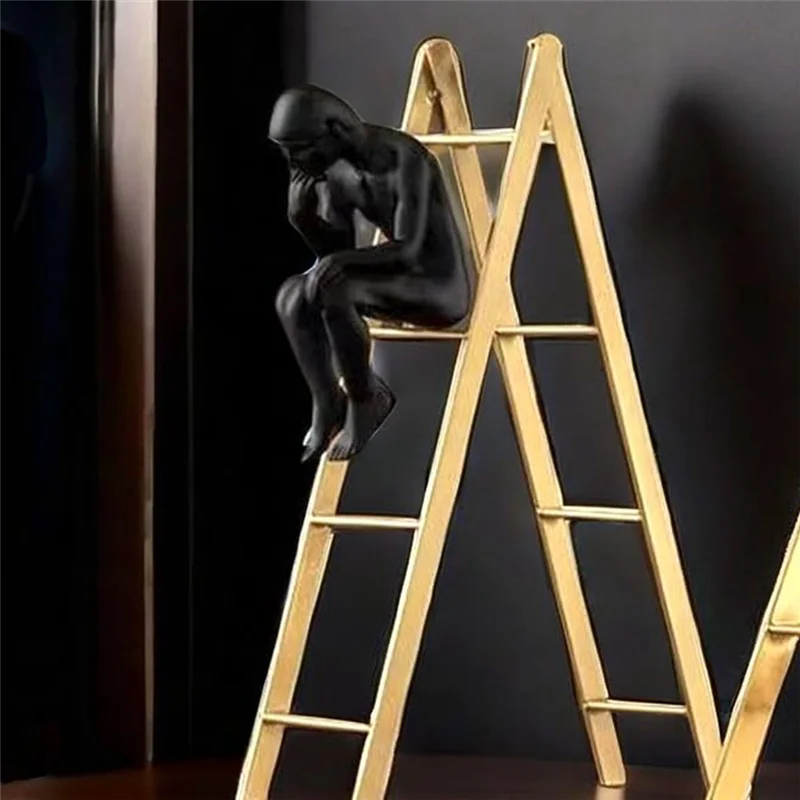 

IALJ-The Statue Thinking Man Statues Sitting On A Ladder Sculptures Collectible Figurine Home Decor Living Room Decoration