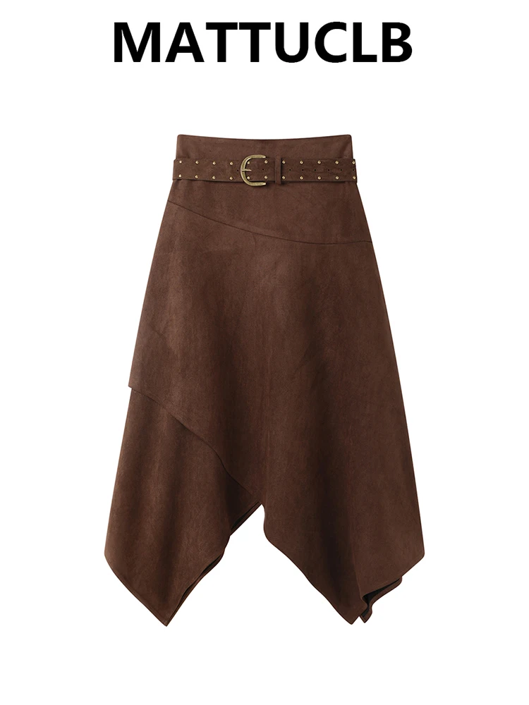 

Женская замшевая юбка-миди нестандартной формы с поясом 2000-х годов, эстетичная французская винтажная вечеринка трапециевидной формы, уличный дизайн, корейская новинка