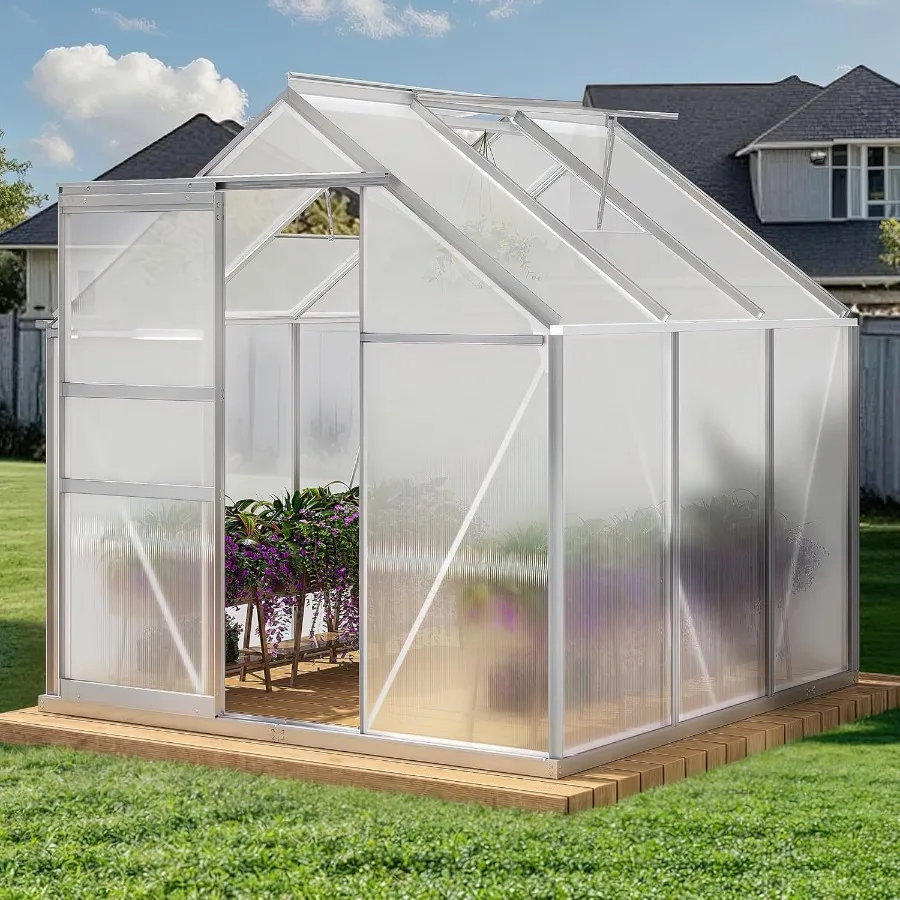 

Теплица из поликарбоната 6x6 футов с прочной конструкцией для использования в саду и заднем дворе. Алюминиевые раздвижные двери.