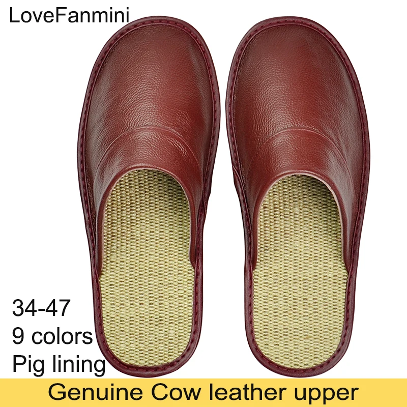 Big sizes Genuine Cow Leather Linen Slippers Homes in indoor slipper Spring Autumn men women elderly non-slip casual single shoe