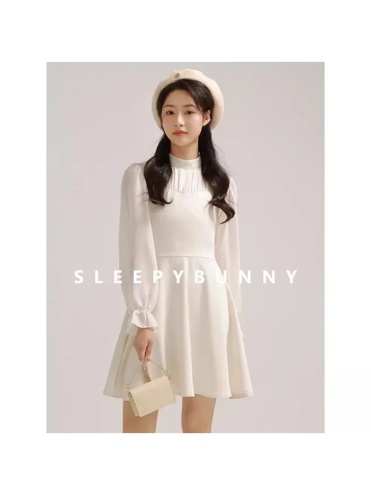 

Elegant High Neck Midi Dress Women Autumn A-Line Long Sleeve Dress Slim Waist Patchwork Detail Soft Vintage Outfit Daily Look
