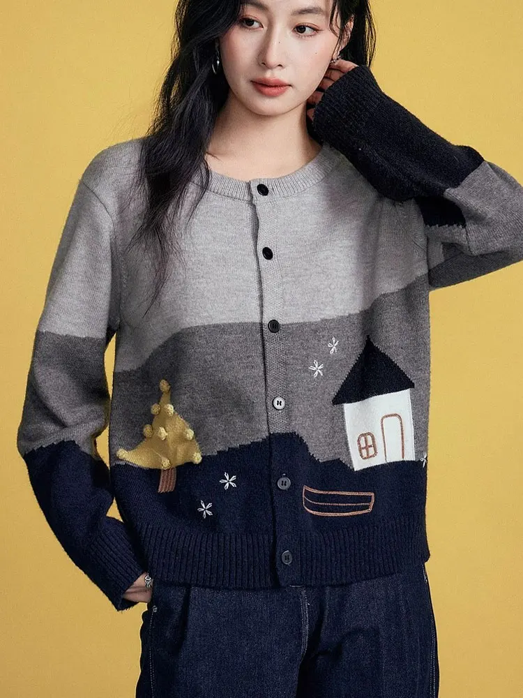 

Comfortable Soft Knitted Long Sve round Ne Button up Cardigan Cartoon Color Blo Design Faionable Anti-Aging Top