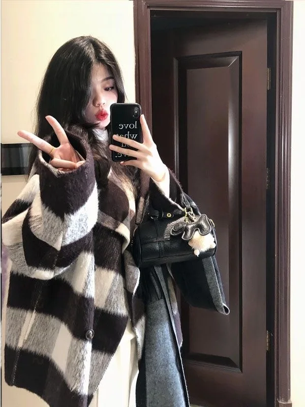 

Korean Plaid Woolen Coat Women's Spring 2026 New High-End Hepburn Casual Thiened Outerwear Casual Sle Loose Fit Long Sve