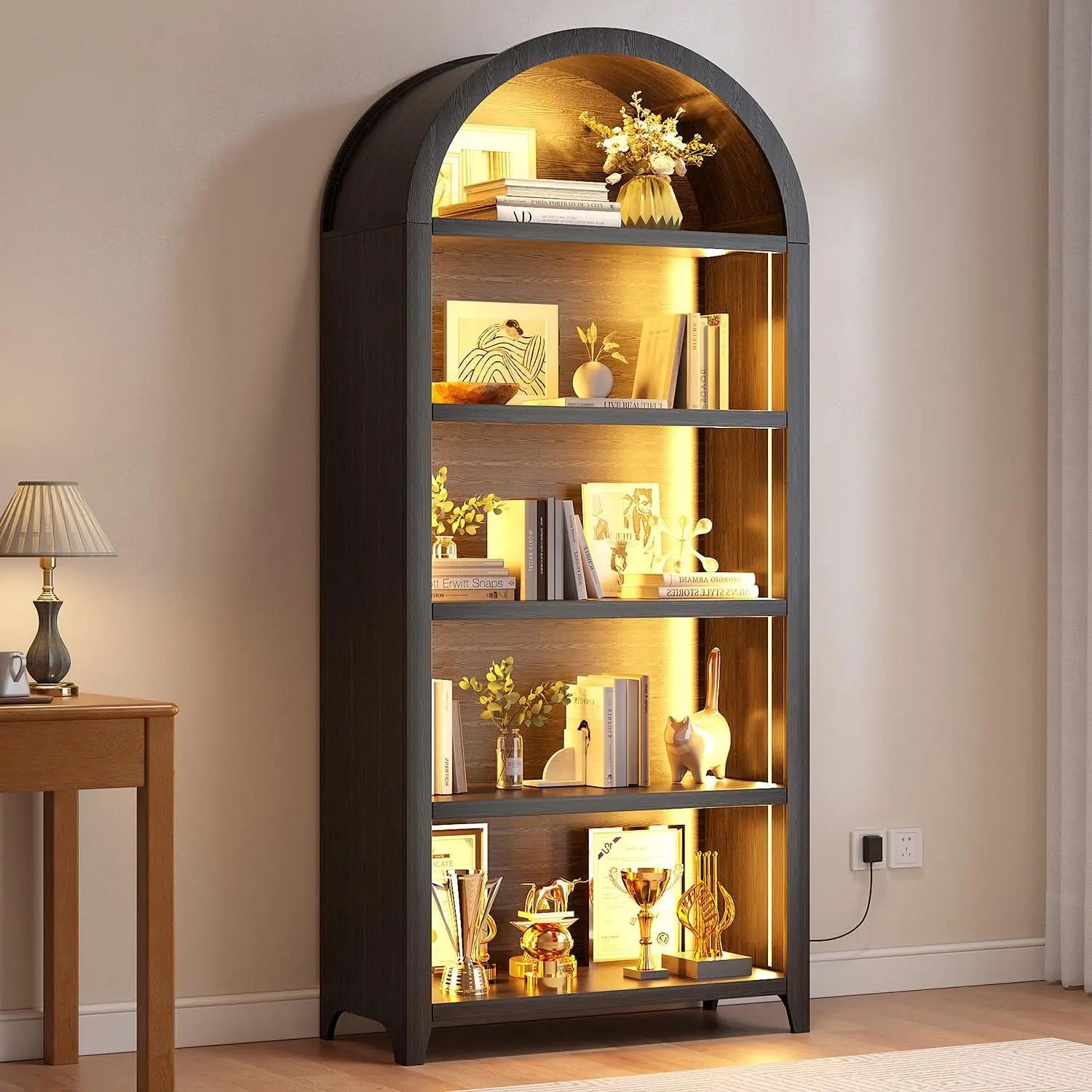 Arch Bookcase - 5 Tiers Bookshelf with 3 Colors LED Sensor Lights and Thickened Wooden Design Display Shelf for Lego Books Bathr