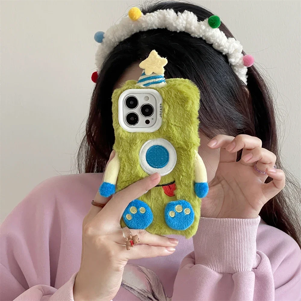 3D Cartoon Plush Green Monsters, Inc. Hot Phone Case for IPhone 16 15 14 13 12 11 Pro Max Plus Anti-fall Back Cover Funda