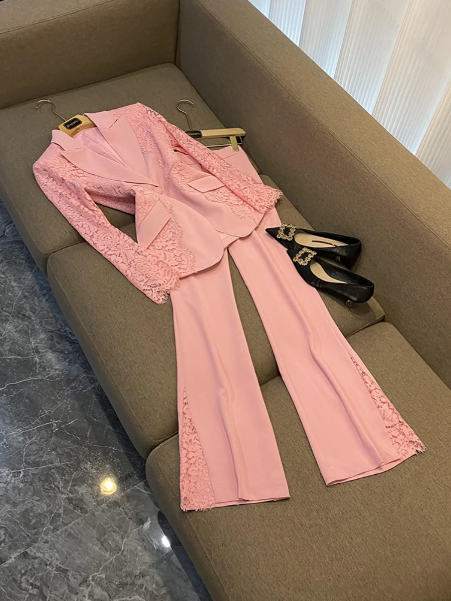 Vivid Pink Spring Designed Office Lady Suit Single Buttons Long Sleeve Blazer Flared Pants Women Lace Patchwork 2Pcs