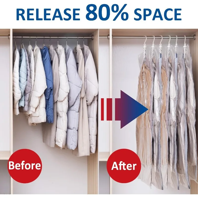 6 Pack Large Hanging Vacuum Storage Bags Living Room Organizer Foldable Space-Saving Clothing Suits Jackets (53.1x27.6)