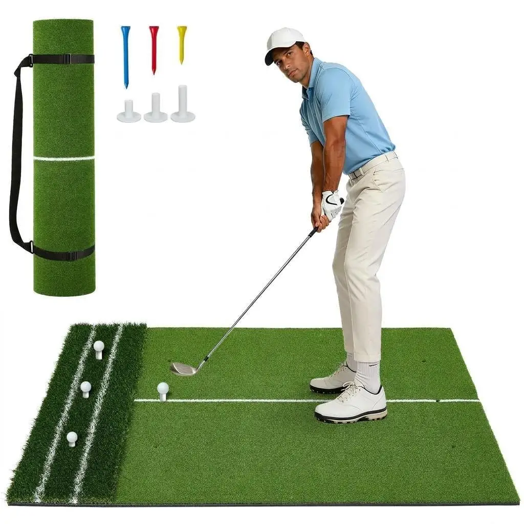 Image of Dual Turf Golf-Schlagmatte 5x4FT | Kunstrasen-Übungsmatte mit Ausrichtungslinien, 9 Tee-Löchern, rutschfester, tragbarer Unterlage, Indoor- und Outdoor-Swing- und Chipping-Trainer für Golfer