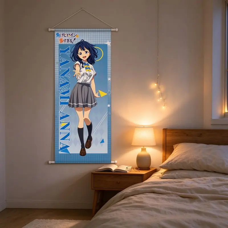 VIKAMA Anime Girl Wall Hanging for Bedroom, Vertical Scroll Art Blue Hair Character String Lights, Aesthetic Dorm Room Decor