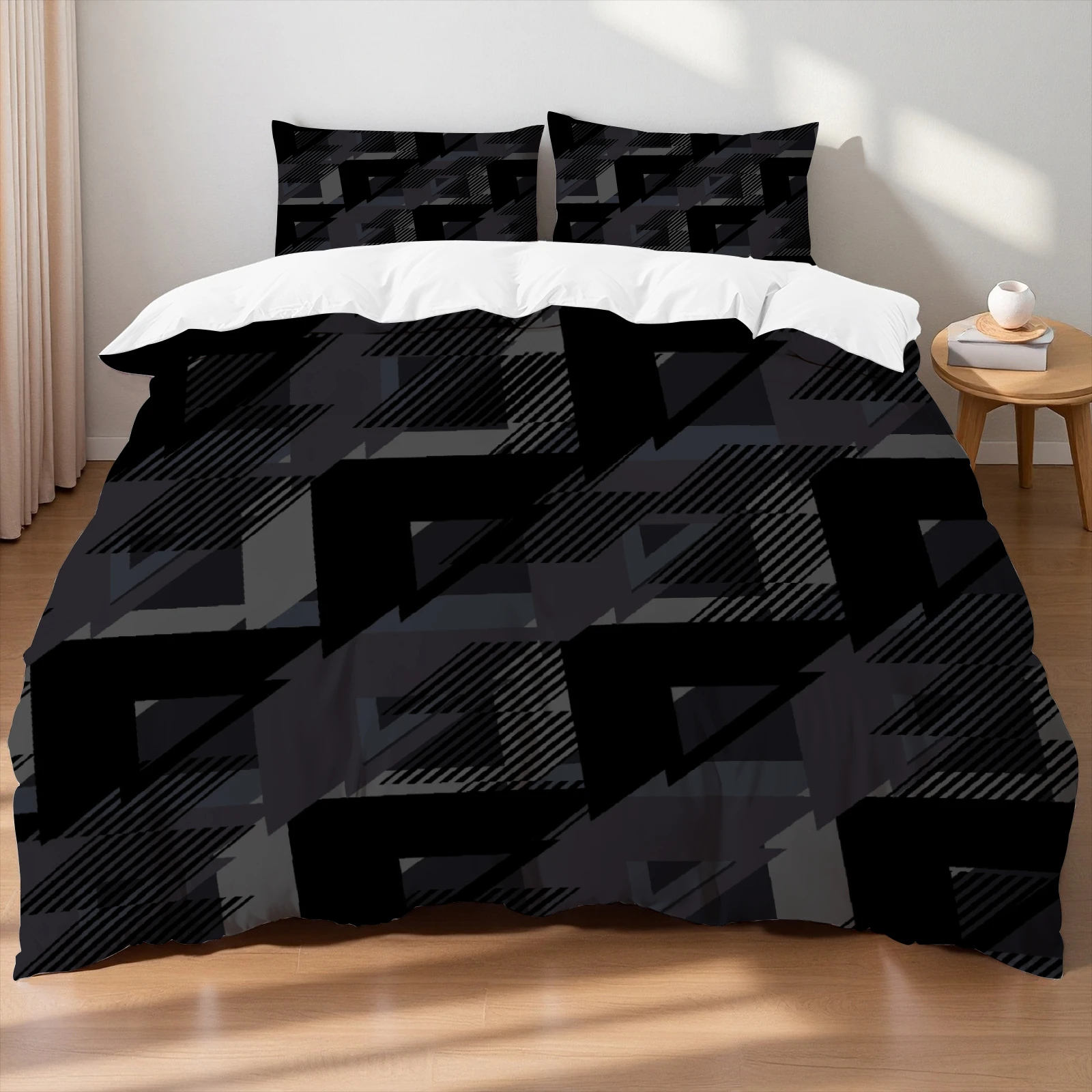 Bold Black Gold Geometric Duvet Cover Set Wrinkle-Free Fade-Resistant Stylish Striped Pattern Bedding Set For Home Bedroom