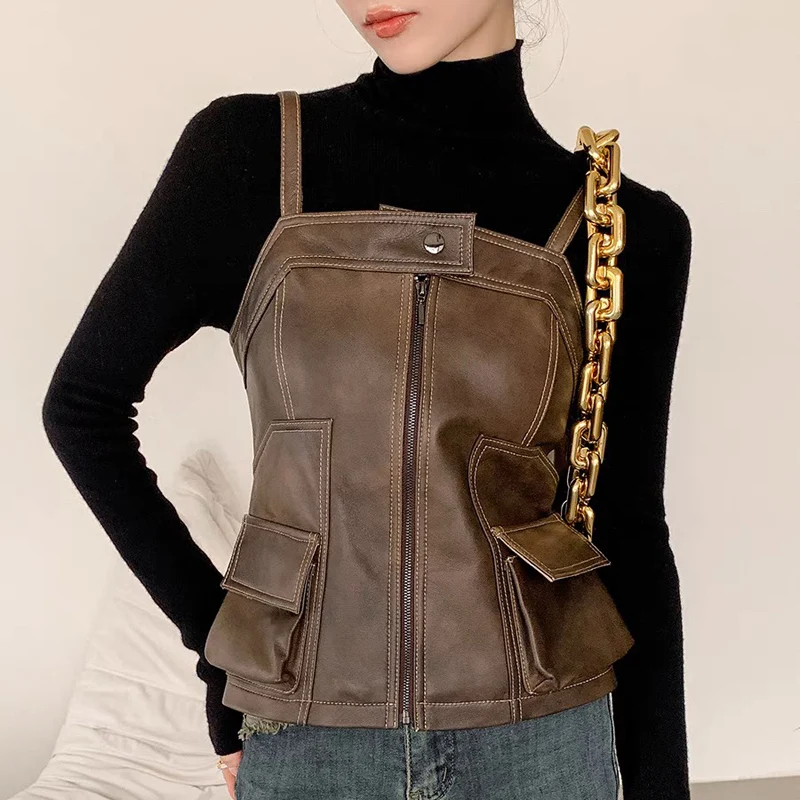 Lambskin Vest Women Female Vintage Sewing Line Zipper Natural Leather Sling Outwear Black Slimming Tank Top Chaleco Mujer