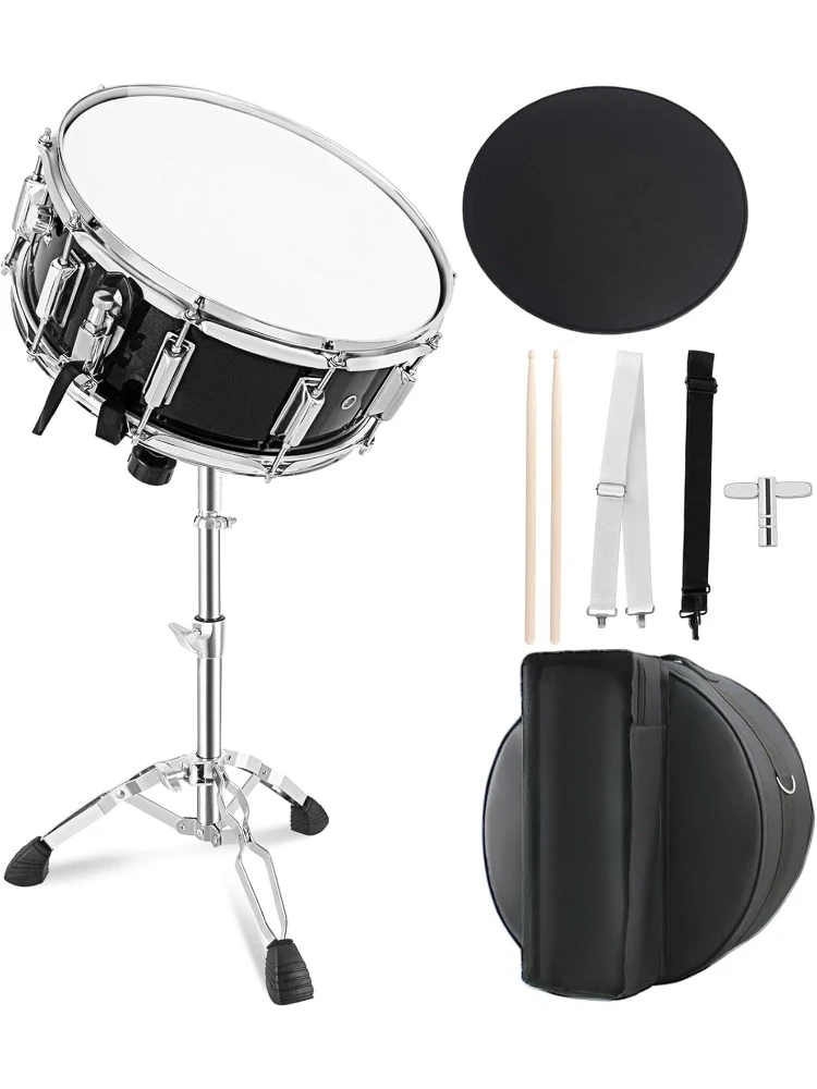 Snare Drum Set 14X5.5 Inches for Student Beginners with Gig Bag, Drumsticks, Stand, Drum Keys, Coated Material Drum Head, Black