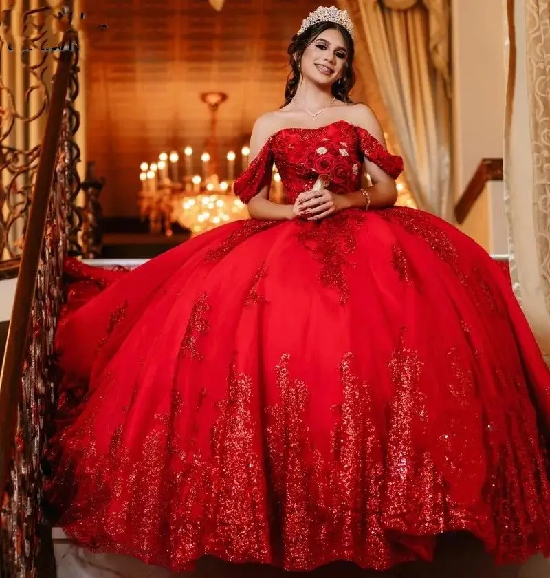 Lorencia-vestido De quinceañera rojo De México, vestido De baile, apliques De encaje con cuentas, lazo, corsé De princesa dulce 16, 15 años, YQD422