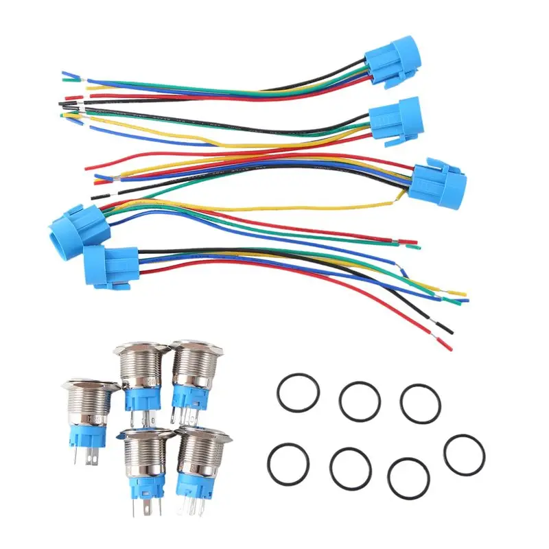 

AB11-5PCS Metal Push Button Switch 12V 19Mm Ring Lamp Power Symbol Waterproof LED Light Self Lock Reset With Connector
