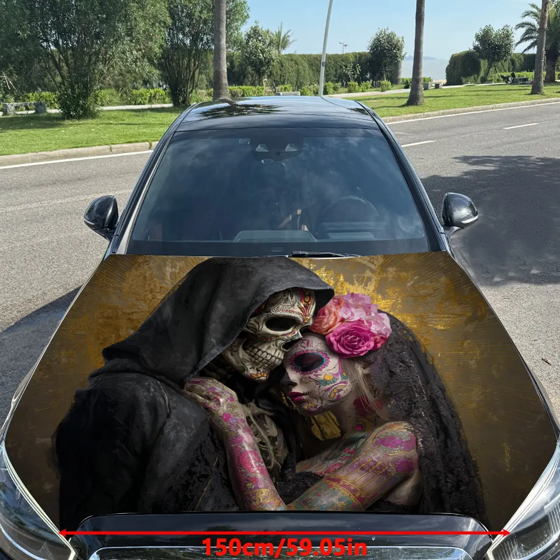 Day of the Dead Lovers Pattern car hood stickers, waterproof self-adhesive, scratch resistant, easy to stick, durable car PVC st