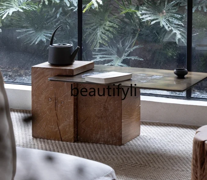 

Medieval stainless steel solid wood, coffee table retro wabi-sabi wind balcony wooden pier old small tea table H
