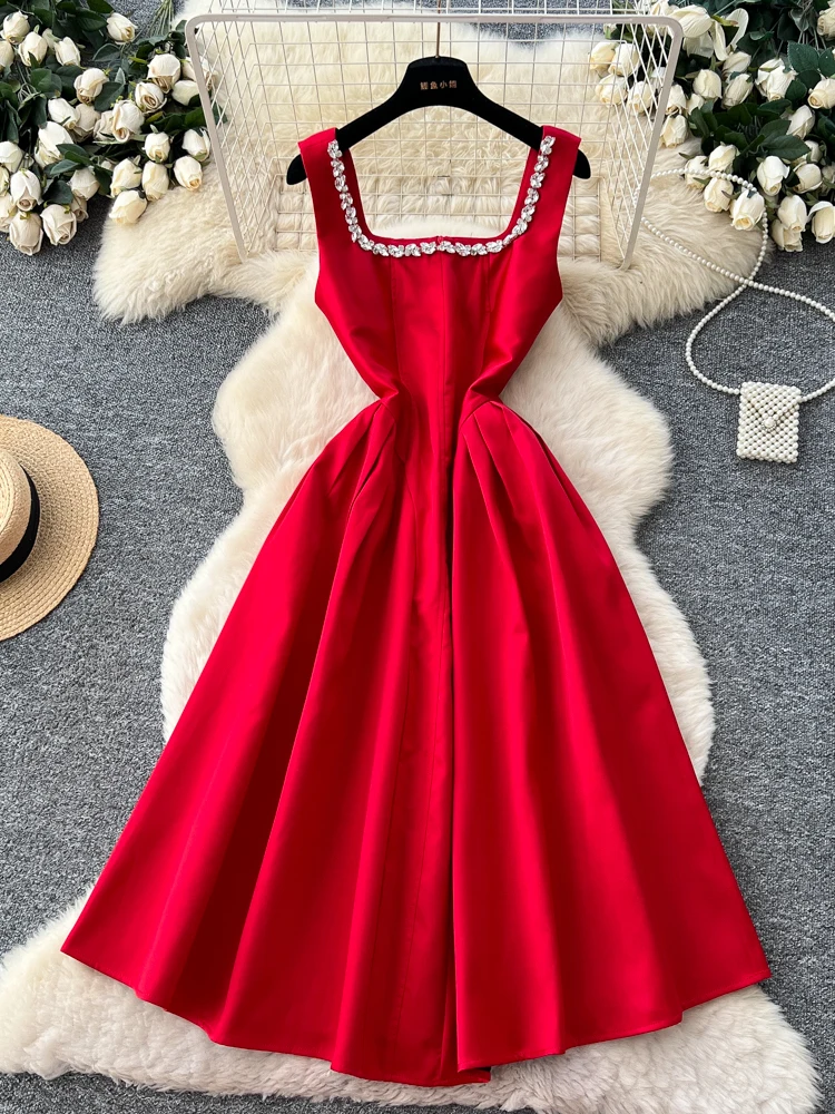 Slimming A-Line Maxi Dress Diamond Embellished Sleeveless High Waist Design Women's Fashion Korean Style Commute Suitable