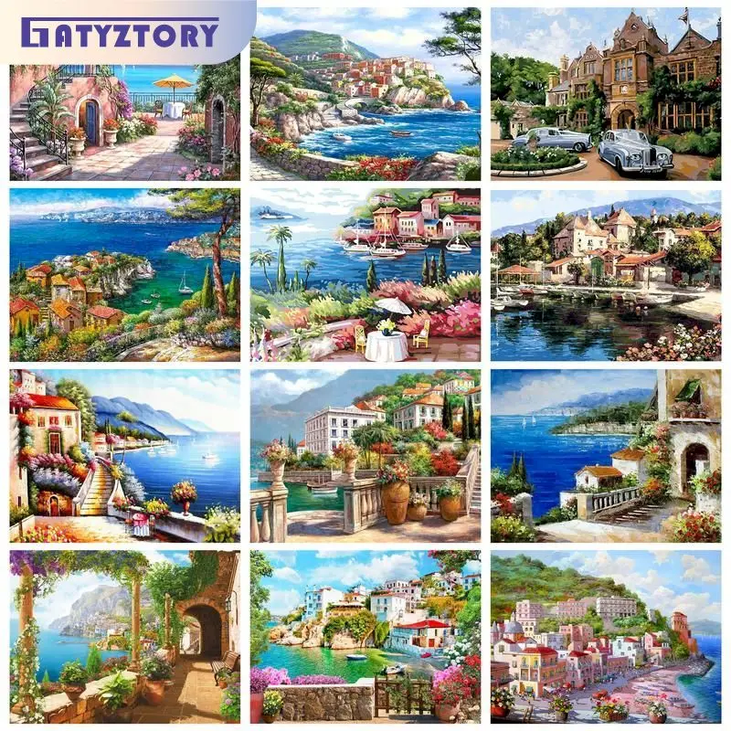 

GATYZTORY Modern Painting By Numbers On Canvas Harbor Seaside Villa Drawing By Numbers Wall Decors Diy Gift Adults Crafts Handma