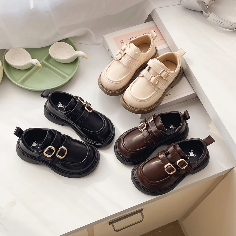Autumn Children Leather Shoes Chunky Double Buckle Strap Kids School Shoe Pure Color Flexiable Sole Boys Girls Footwear 26-36