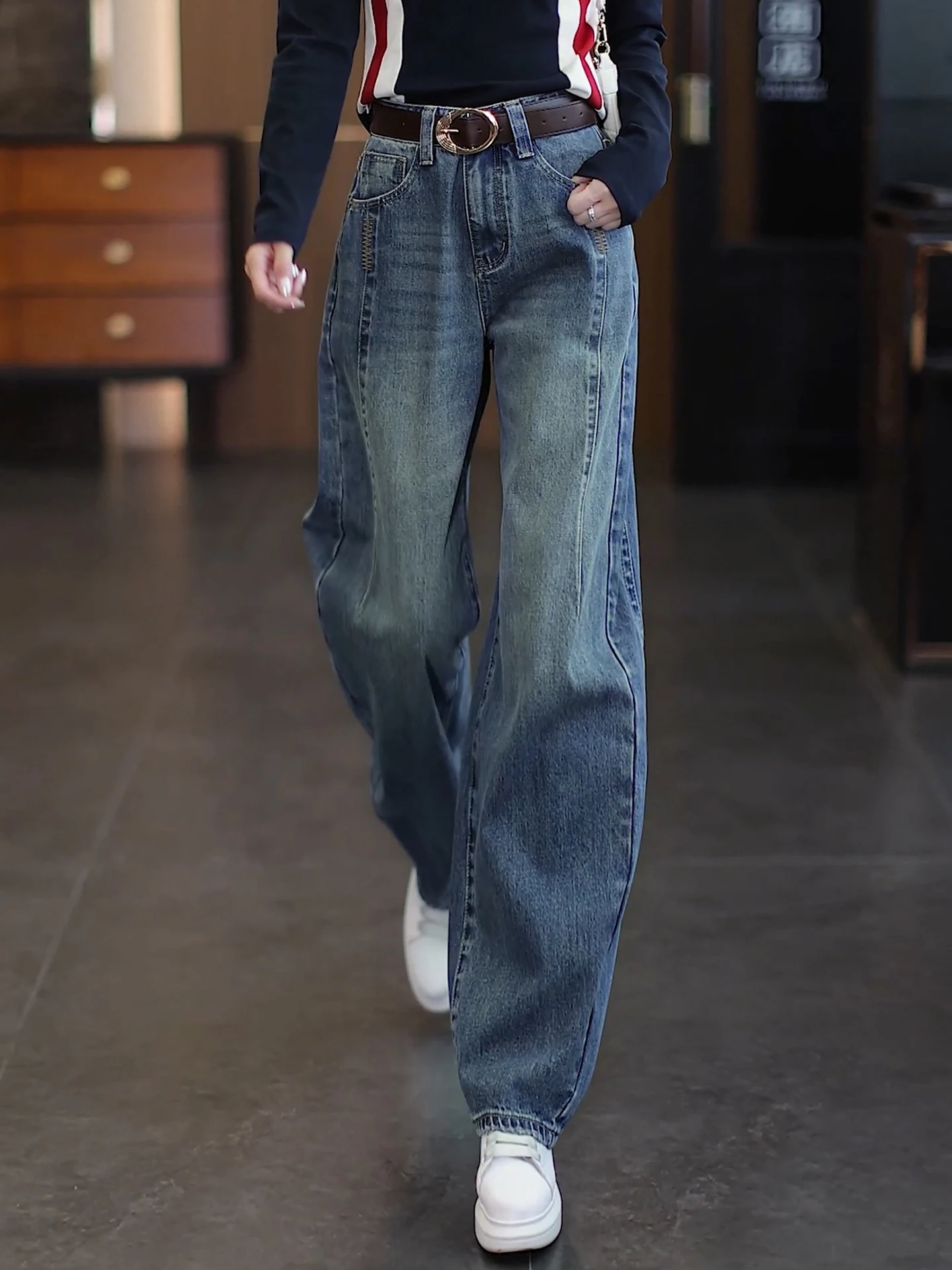 High Waist Wide Leg Knife  Denim Jeans Women's Spring Autumn Loose Fitting Slimming Banana Pants Casual Travel Wear