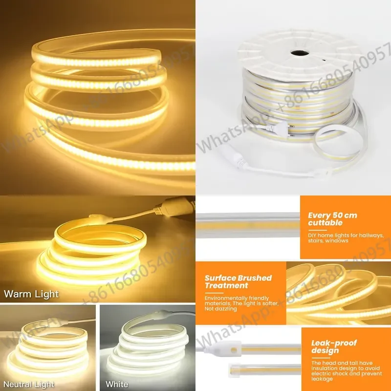 AC220V 10mm COB LED Strip Light 3000K/4000K/6000K Touch/Switch Control IP65 Outdoor Waterproof FPC Flexible CRI90 3-Year