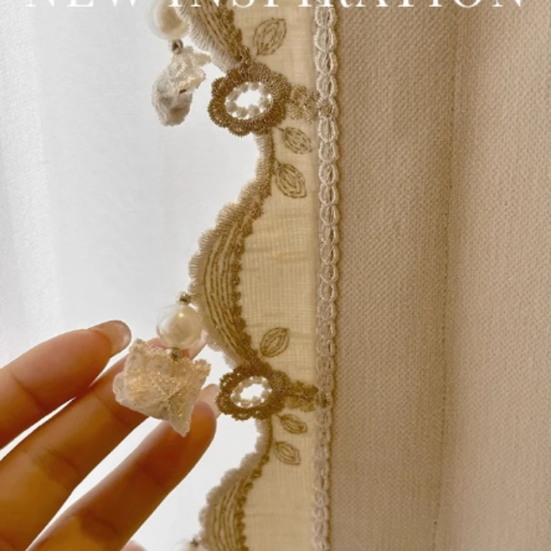 Custom Size Cream-colored, Romantic, Thick, Blackout, Gentle, and Delicate Pearl Lace Curtains  for Living Dining Room Bedroom