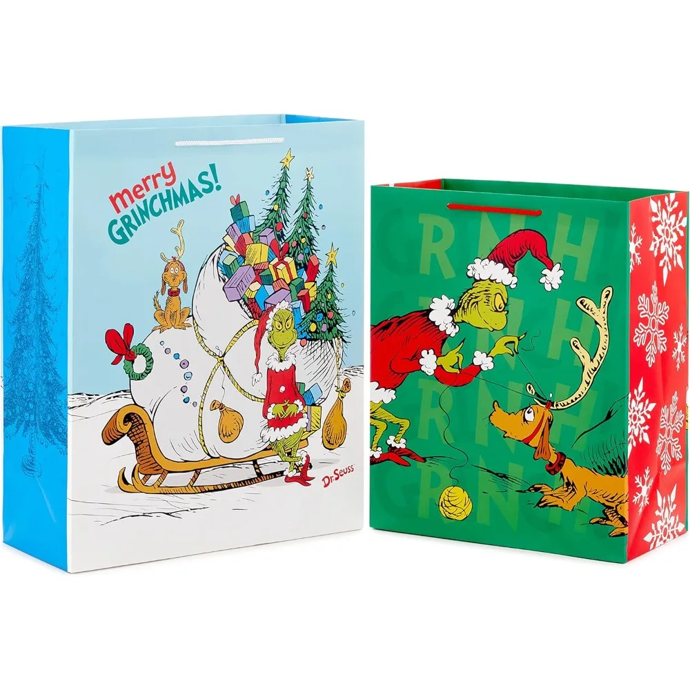 

Christmas Gift Bags for Kids (2 Bags: 1 Large 13, 1 Extra Large 15) Grinch with Max and Sleigh