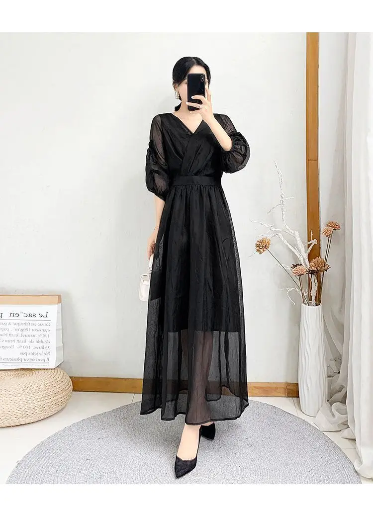2024 Spring/Summer New Women's Solid Color Over Knee Dress Simple and Slim Fit Showcasing Slender Temperament Mesh Long Dress